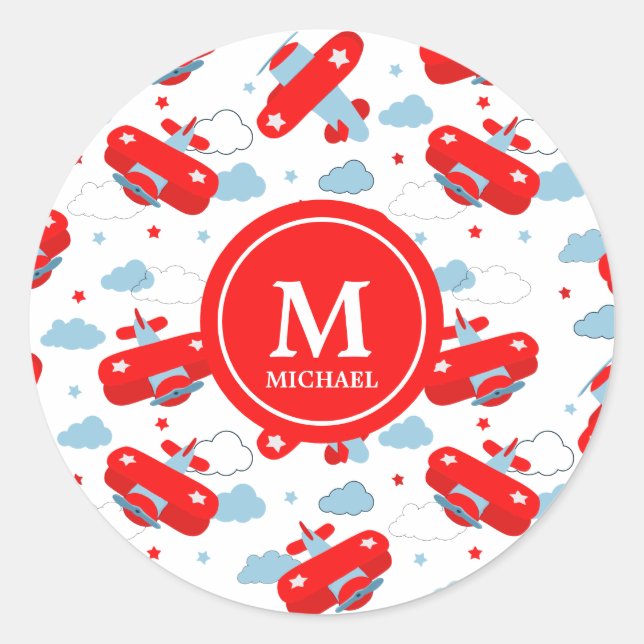 Cute Red and Blue Planes and Clouds Kids Monogram Classic Round Sticker (Front)