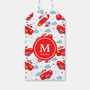 Cute Red and Blue Planes and Clouds Kids Monogram Gift Tags