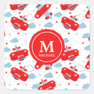 Cute Red and Blue Planes and Clouds Kids Monogram Square Sticker