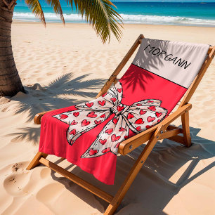 Cute Red and Blush Coquette Heart Bow  Beach Towel