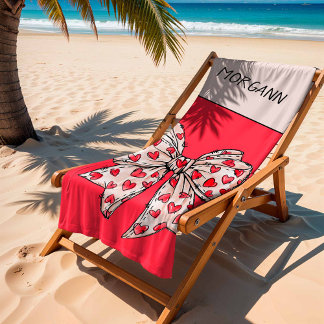 Cute Red and Blush Coquette Heart Bow  Beach Towel