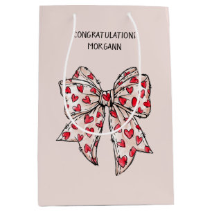 Cute Red and Blush Coquette Heart Bow  Medium Gift Bag
