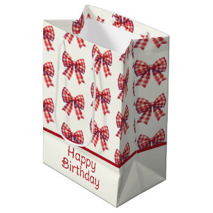 Cute Red and Cream Gingham Bow Medium Gift Bag