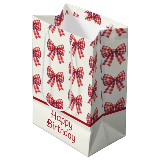 Cute Red and Cream Gingham Bow Medium Gift Bag (Front Angled)