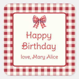 Cute Red and Cream Gingham Bow Square Sticker