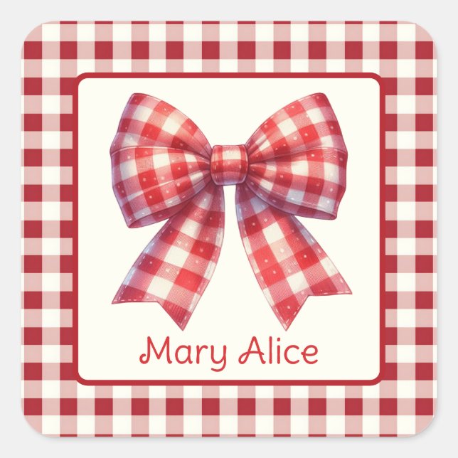 Cute Red and Cream Gingham Bow Square Sticker (Front)