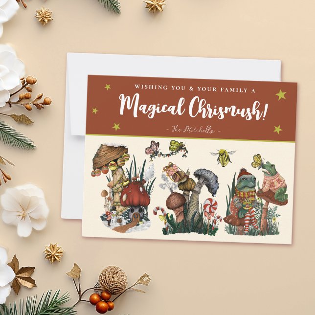 Cute Red and Gold Merry Magic Mushroom Christmas H Holiday Card (Red magical mushrooms christmas card with whimsical illustrations of mushrooms, snails and frogs.)