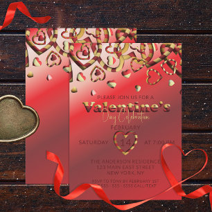 Cute Red And Gold Striped Hearts Valentine's Day  Invitation