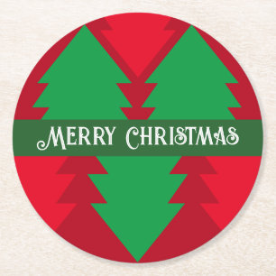 Cute Red and Green Christmas Tree Holiday Party Round Paper Coaster