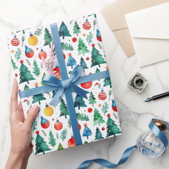 Cute Red And Green Christmas Tree Pine Watercolor Wrapping Paper (Gifting)