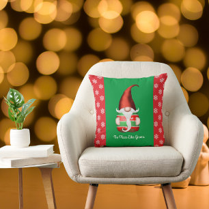Cute Red and Green Gnome - No Place Like Gnome  Cushion