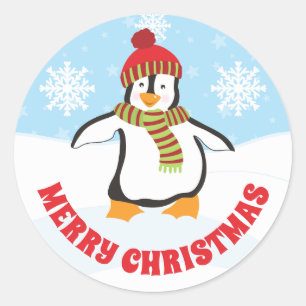 Cute Red and Green Hat Christmas Penguin Classic Round Sticker
