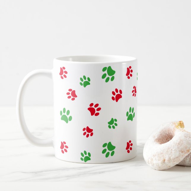 Cute Red and Green Paw Prints Pattern Holiday Coffee Mug (With Donut)
