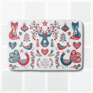 Cute Red and Navy Christmas Scandinavian Folk Art Bath Mat