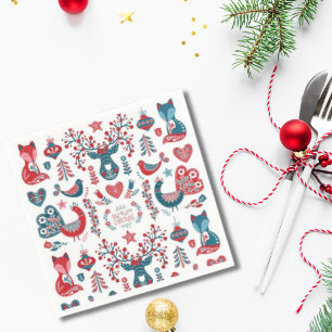 Cute Red and Navy Christmas Scandinavian Folk Art Napkin