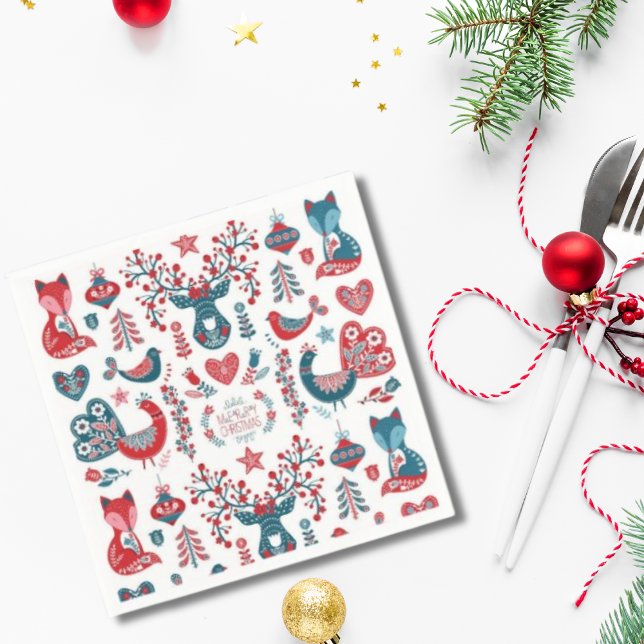 Cute Red and Navy Christmas Scandinavian Folk Art Napkin (Creator Uploaded)