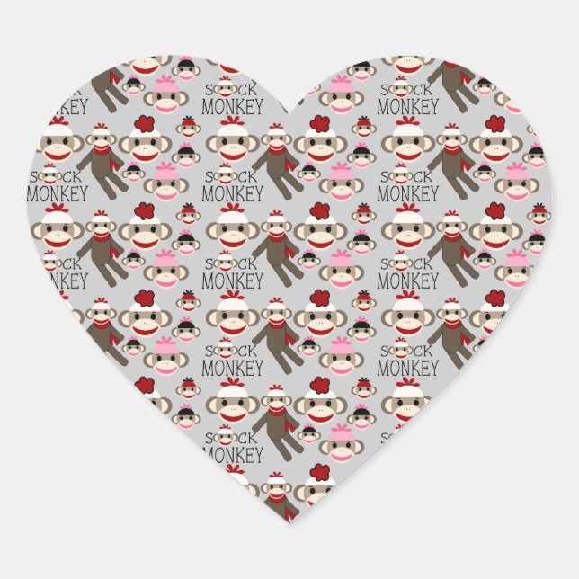 Cute Red and Pink Sock Monkeys Collage Pattern Heart Sticker (Front)