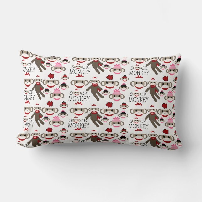 Cute Red and Pink Sock Monkeys Collage Pattern Lumbar Cushion (Front)