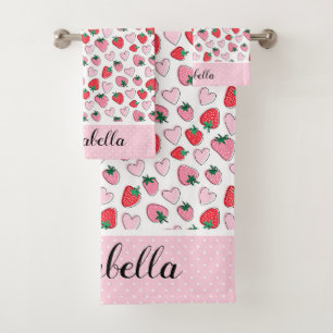 Cute Red and Pink Strawberry Pattern Personised Bath Towel Set