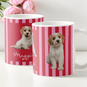 Cute Red and Pink Stripes 3 Photo Custom Pet Name Coffee Mug