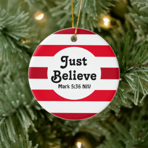 Cute Red and White Believe Merry Christmas Ceramic Ornament