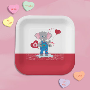 Cute Red and White Cartoon Elephant Paper Plates