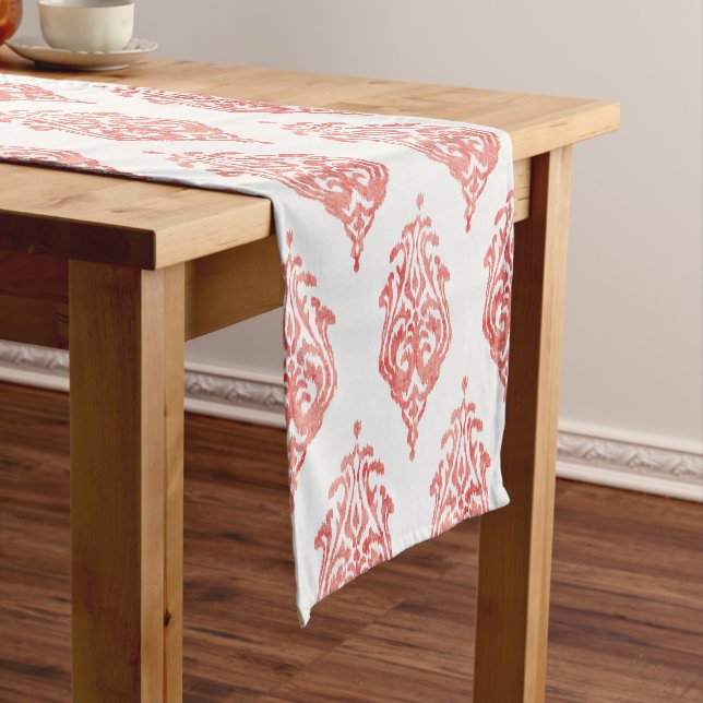 Cute red and white damask ikat tribal patterns short table runner (In Situ)