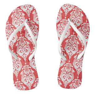 Cute red and white damask ikat tribal patterns thongs