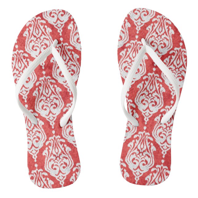 Cute red and white damask ikat tribal patterns thongs (Footbed)