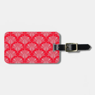 Cute Red and White Floral Damask Pattern Luggage Tag