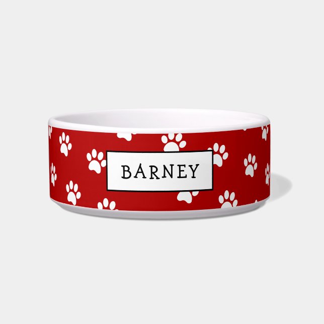 Cute red and white paw print Holiday pet Bowl (Front)