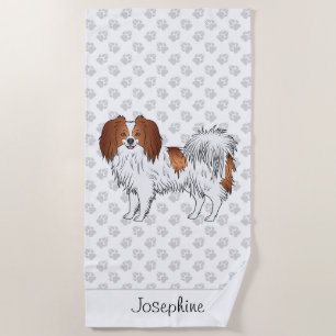 Cute Red And White Phalène Dog With Custom Name Beach Towel