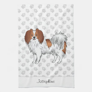 Cute Red And White Phalène Dog With Custom Name Tea Towel