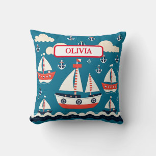 Cute Red and White Sailboat with Anchors Cushion