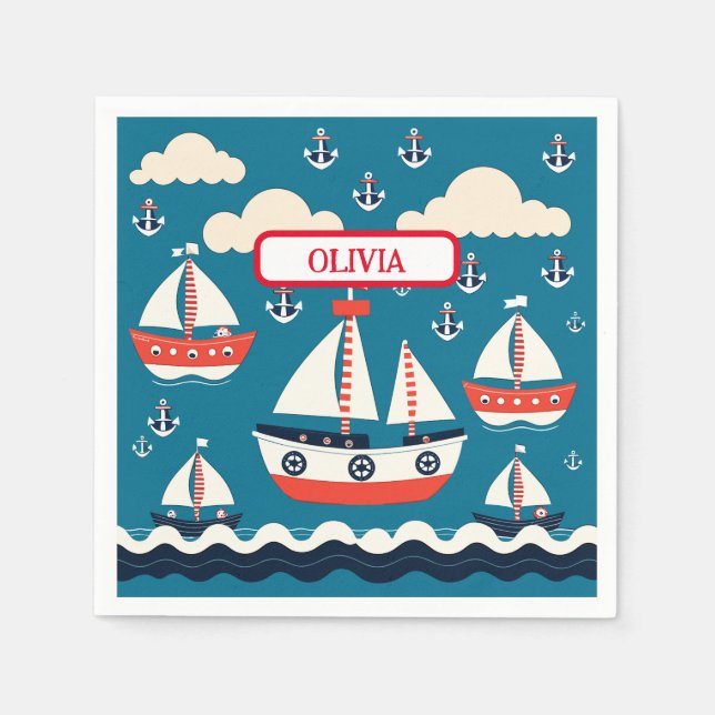 Cute Red and White Sailboat with Anchors Napkin (Front)