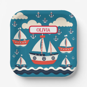 Cute Red and White Sailboat with Anchors Paper Plate