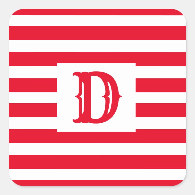 Cute Red and White Striped Design Single Initial Square Sticker (Front)
