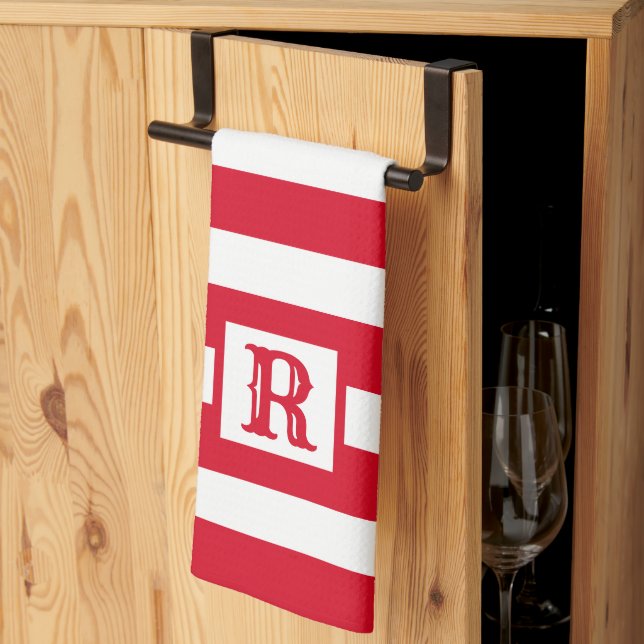 Cute Red and White Striped Design Single Initial Tea Towel (Thirds Fold)
