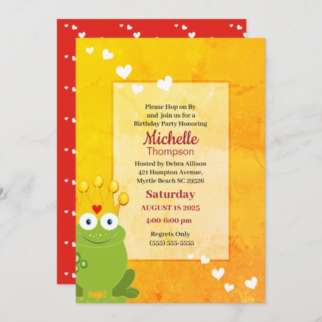 Cute Red and Yellow Princess Frog  Birthday   Invitation (Front/Back)