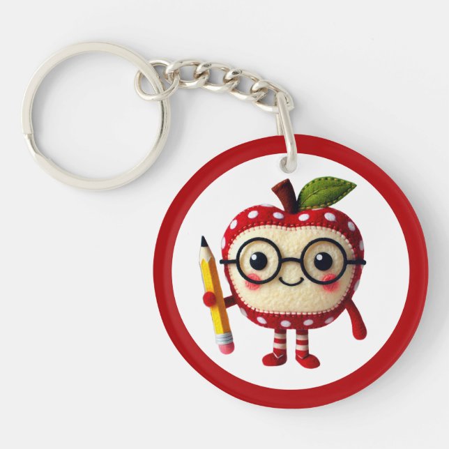 Cute Red Apple Character with Pencil Teacher Name Key Ring (Front)