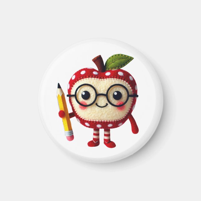 Cute Red Apple Character with Pencil Teacher Name Magnet (Front)
