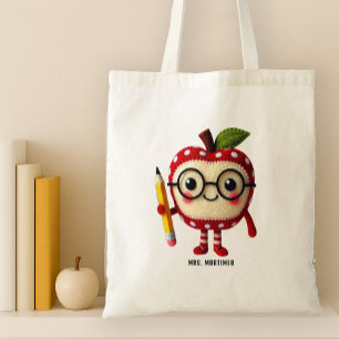 Cute Red Apple Character with Pencil Teacher Name Tote Bag