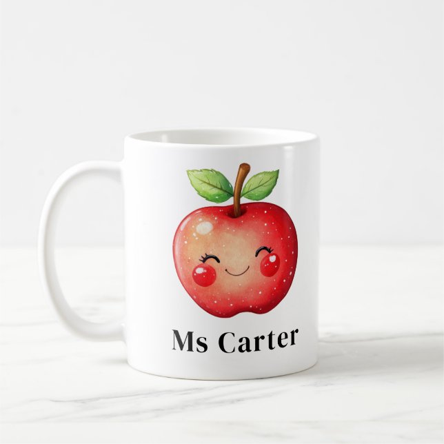 Cute Red Apple Face Personalised Teacher Gift Coffee Mug (Left)