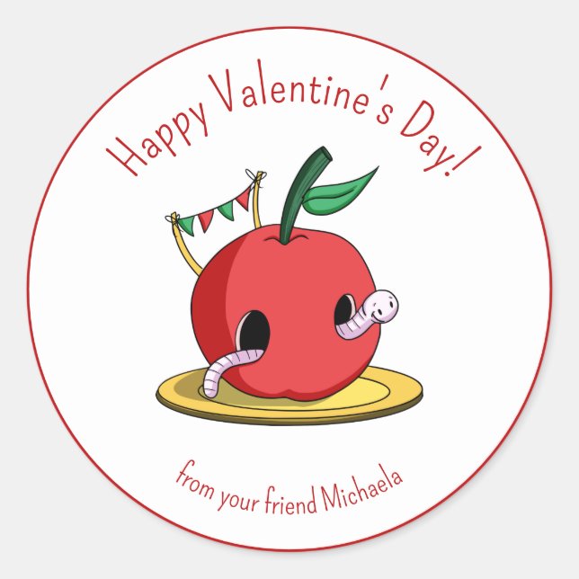 Cute Red Apple Happy Valentine's Day Kids Classic Round Sticker (Front)