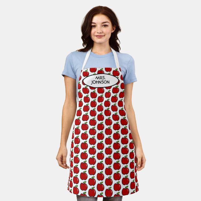 Cute red apple print kitchen apron for women (Worn)