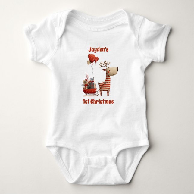 Cute Red Baby Boy Girl Reindeer 1st Christmas  Bodysuit (Front)