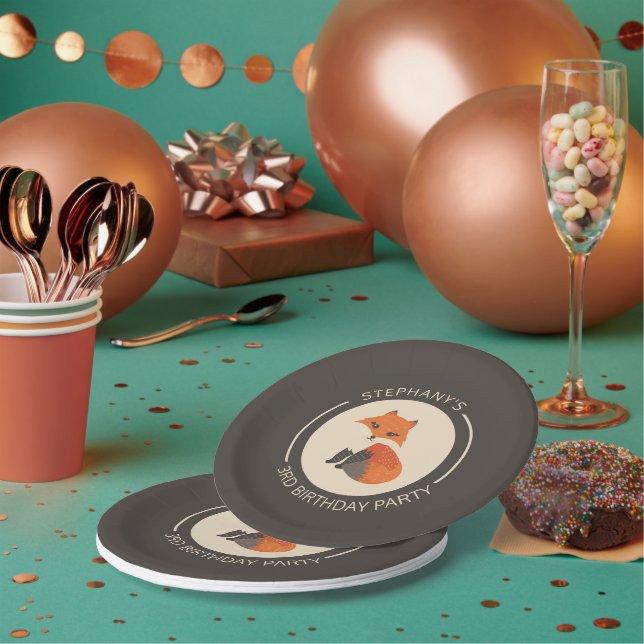 Cute red baby fox illustration custom monogram paper plate (Multi)