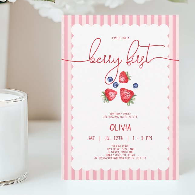 Cute Red Baby Girl Berry First 1st Birthday Party Invitation (Cute Red Baby Girl Berry First 1st Birthday Party Invitation)
