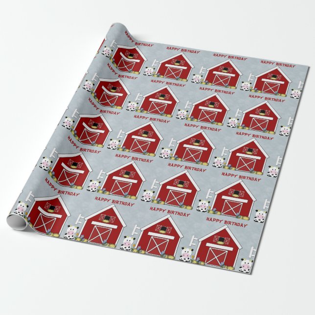 Cute Red Barn, Cow Farm, Custom Birthday Wrapping Paper (Unrolled)