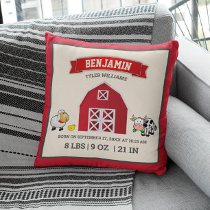 Cute Red Barn Farm Animals Baby Birth Stats Cushion